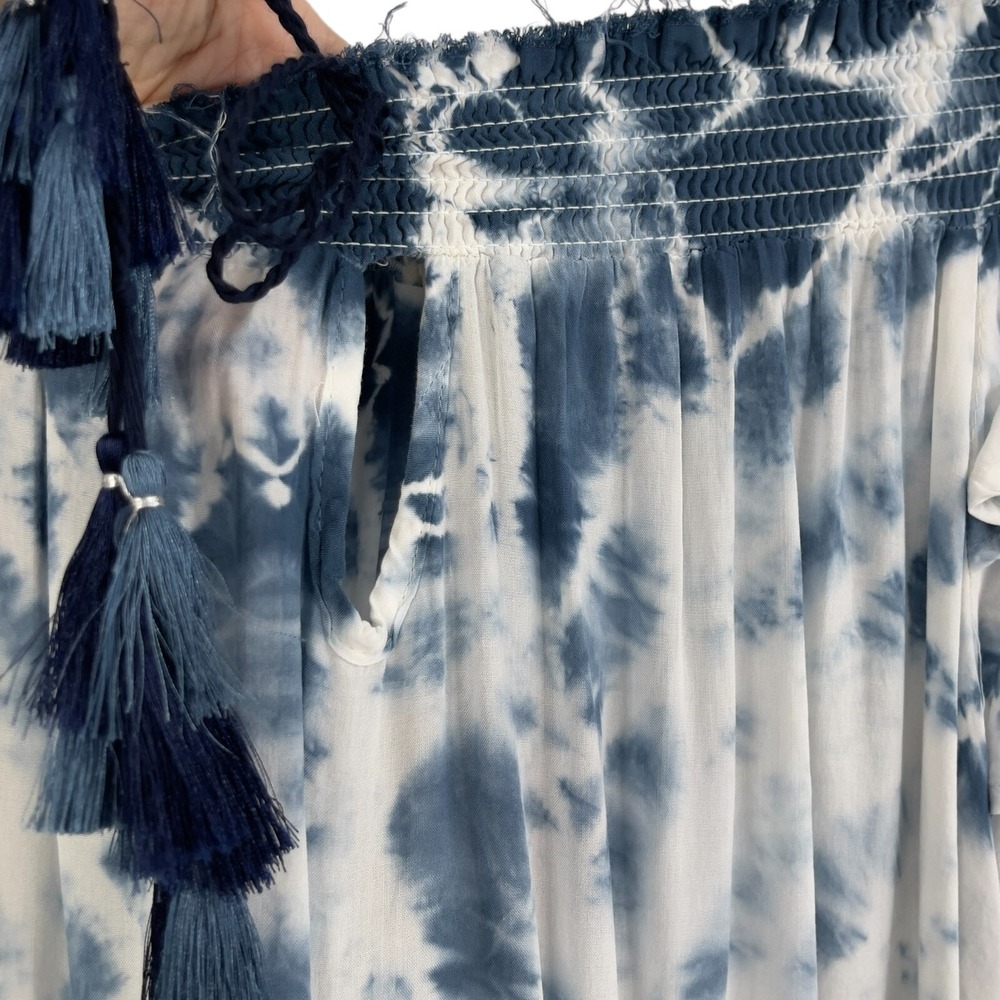 Surf Gypsy Shirt Womens Off Shoulder Blue Tie Dye Flowy Tassel Short Sleeve S - Picture 3 of 10